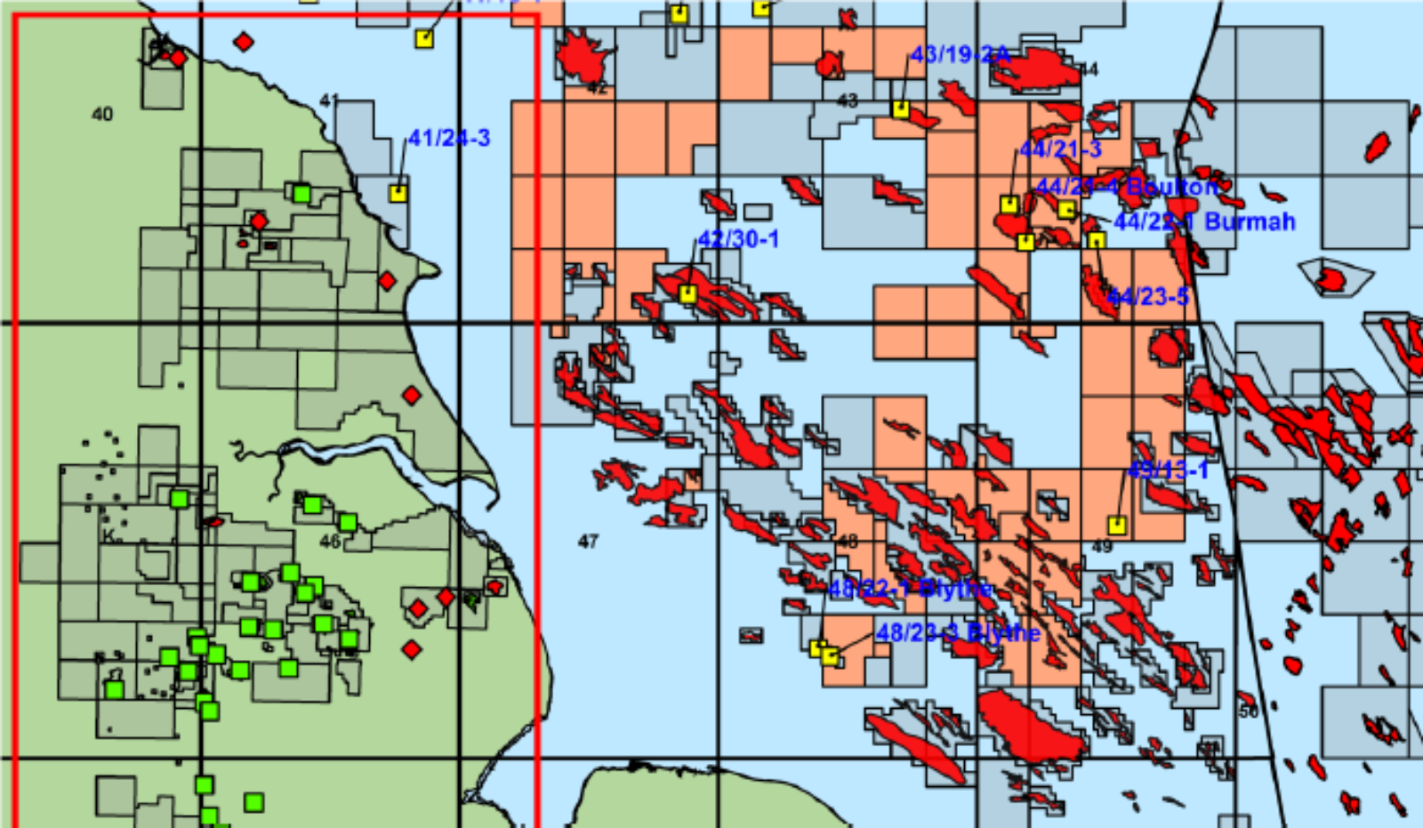 Map section which shows some of the licenses, fields and study wells identified for new analyses