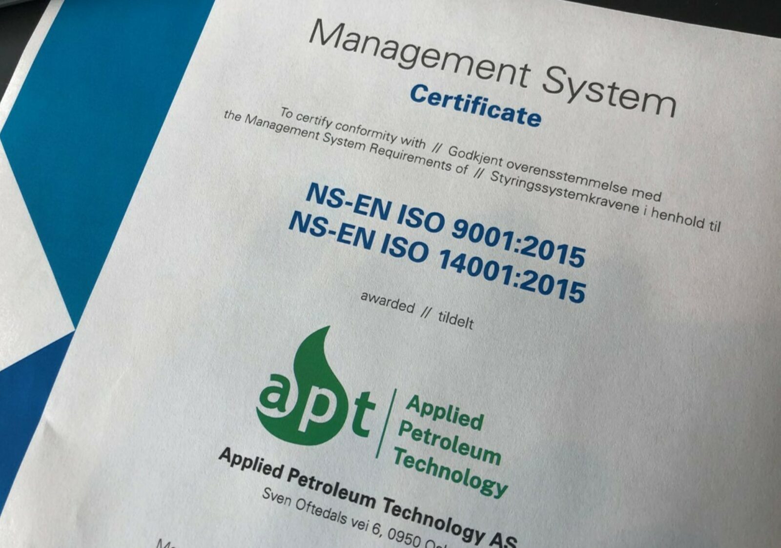 ISO 9001:2015 and ISO 14001:2015 management system certificate